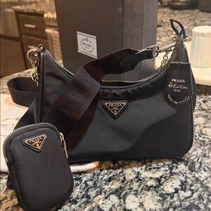 Prada Black Nylon Crossbody with Logo Strap and Mini Pouch